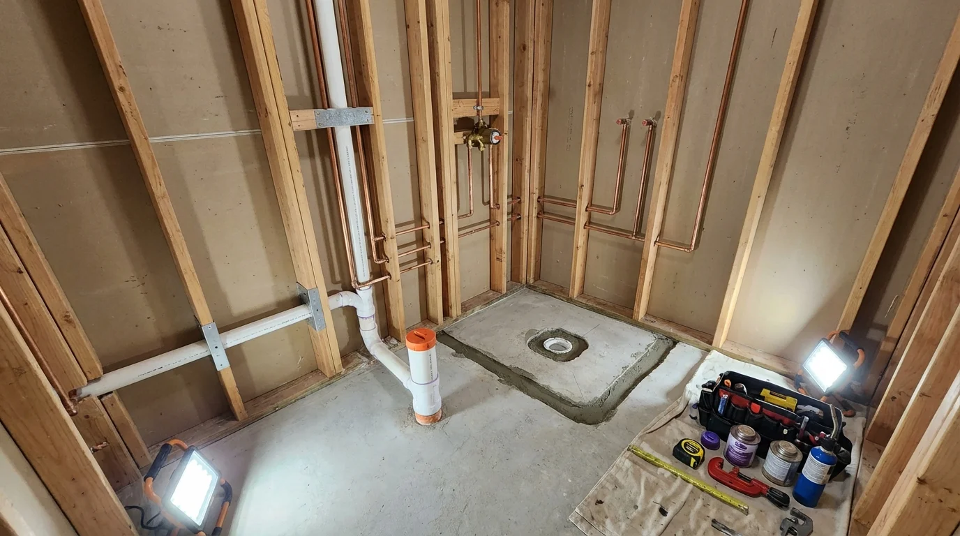 Bathroom rough-in plumbing during remodel by Johns Plumbing LLC in Woodlyn