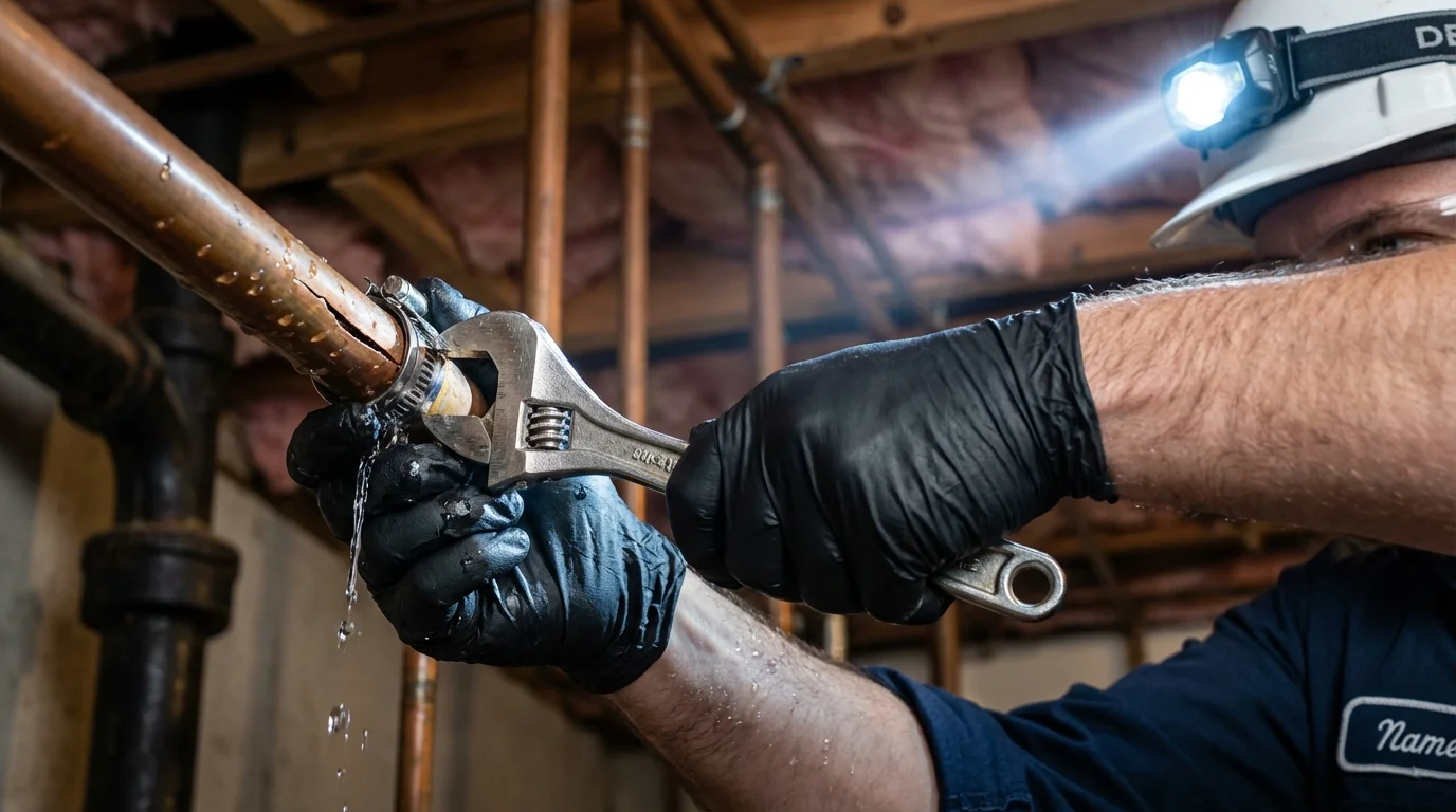 Emergency pipe clamp repair being performed by a Johns Plumbing LLC plumber in Woodlyn