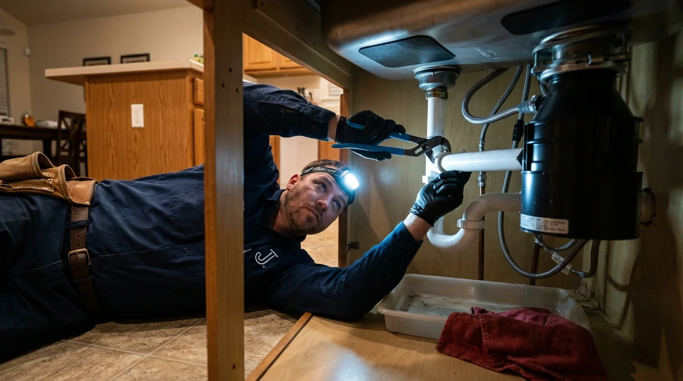 P-trap and supply line connections under a kitchen sink showing a common leak point in Woodlyn, PA